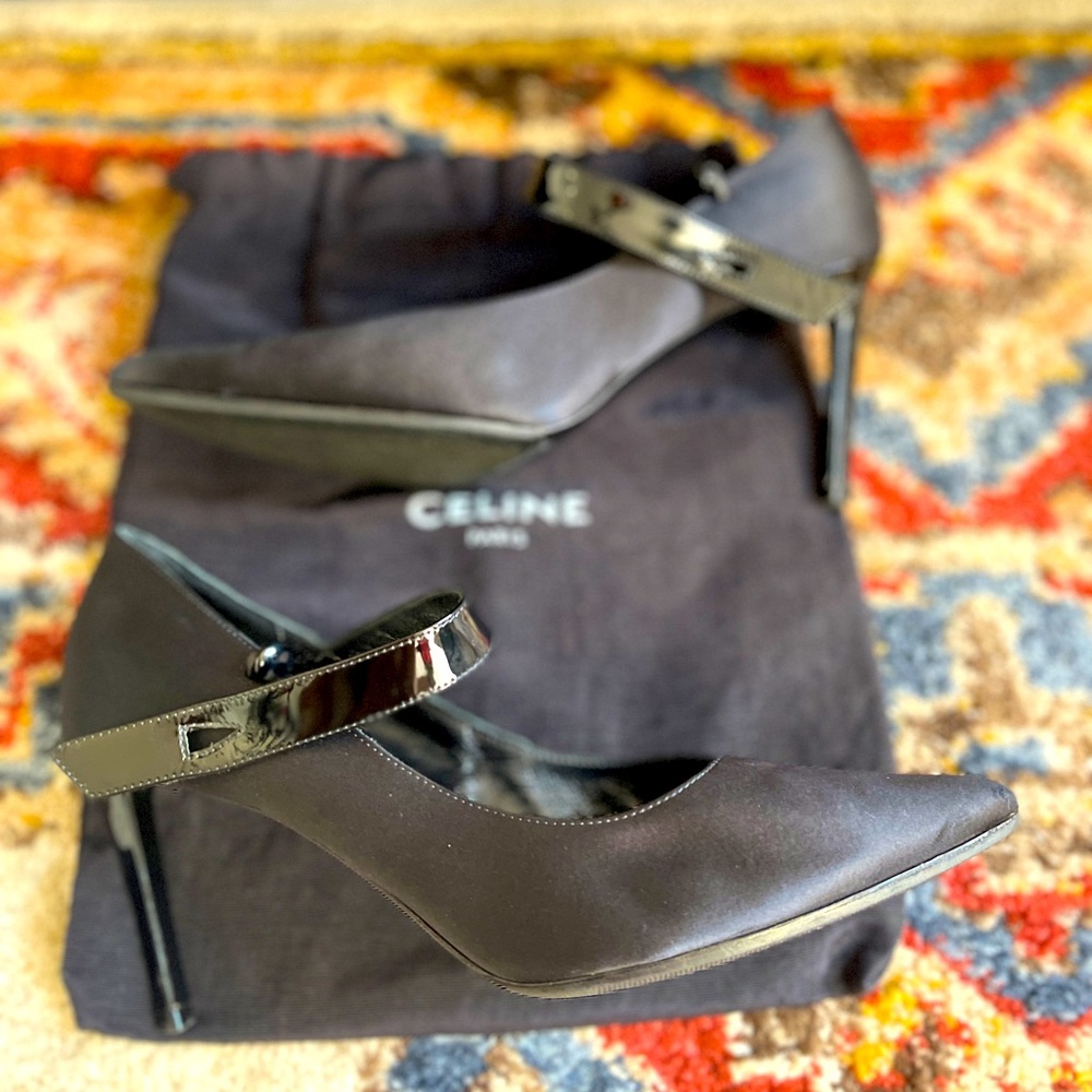 Celine 38.5 black 3.5” satin heel with patent leather strap.
